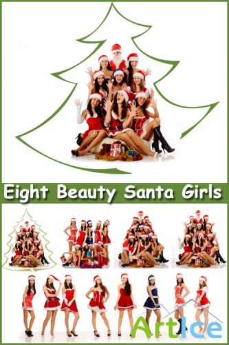 Eight Beauty Santa Girls - Stock Photos