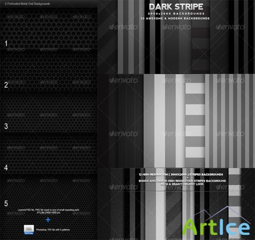 GraphicRiver Dark Stripes Backgrounds and 5 Perforated Metal Grid Backgrounds