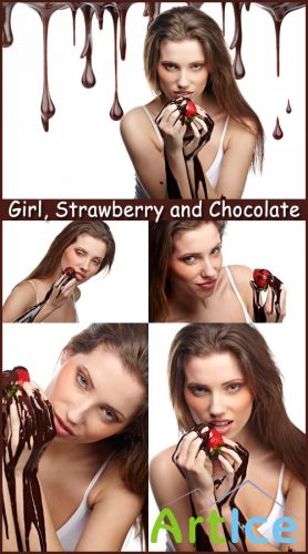 Girl, Strawberry and Chocolate - Stock Photos