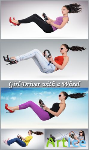 Girl Driver with a Wheel - Stock Photos
