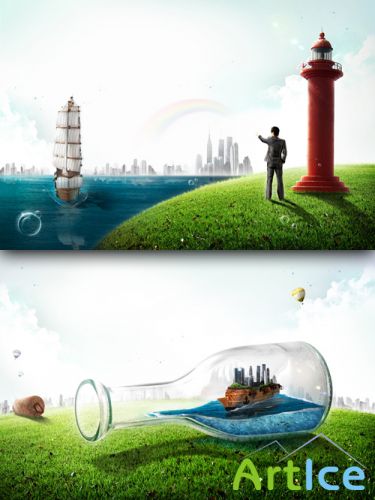 Sources - Lighthouse and a ship in a bottle