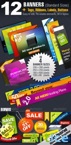 GraphicRiver - 12 BANNERS -4 Sizes + Tags, Ribbons, Buttons