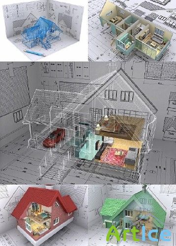 3D Isometric View the Residential House on Architect Drawing