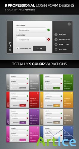 Professional login form design in 9 colorstyles