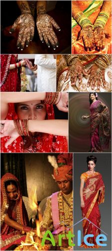 Indian Wedding - India, wedding, groom, bride, saree, hands, henna, pattern