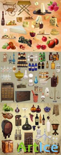 Cheese, wine, fruit and apothecary set