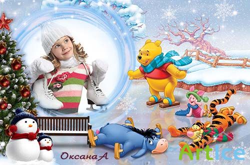 Зимне-новогодняя детская рамка для фото – Катание на коньках с Винни