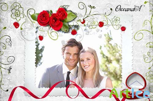 Свадебная фоторамка – Три красных розы и шкатулка с драгоценностями