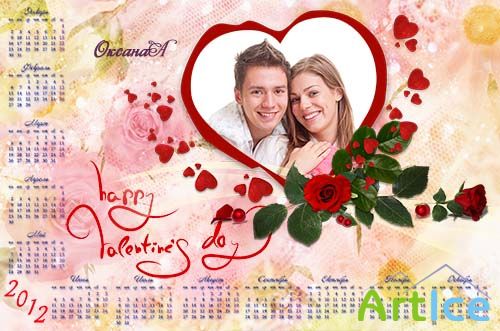 Calendar for 2012 with a heart and roses - Happy Valentine's Day