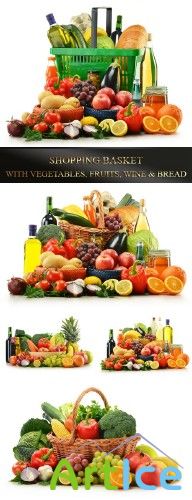 Shopping basket with vegetables, fruits, wine and bread