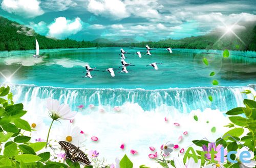 The Cranes Are Flying over waterfall Psd for Photoshop
