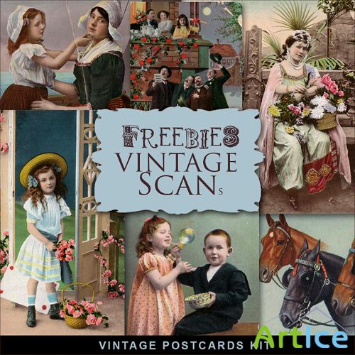 Scrap-Kit Vintage Poscards People And Animals