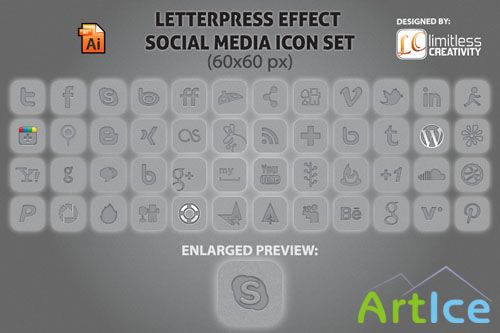 Letterpress Effect Social Media Icon Set
