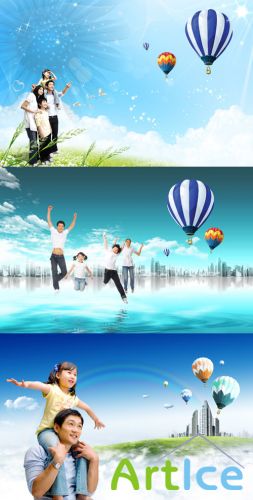 Large striped balloons in the sky psd for Photoshop