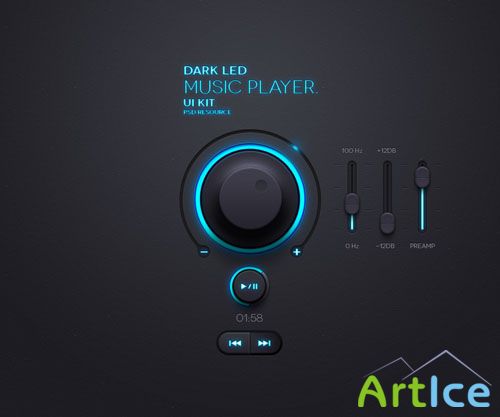 Pixeden - Dark Led Music App UI Kit Psd