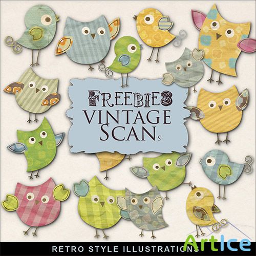 Scrap-kit - Retro Style Illustrations - Colored Papers Birds