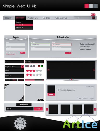 PSD Web Elements - Simple Web Ui Kit - Grey, Black, Pink Color Style