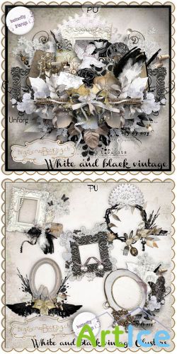 Scrap Set - White and Black Vintage PNG and JPG Files