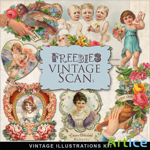 Scrap-kit - Old Vintage Illustrations With Childrens And Flowers
