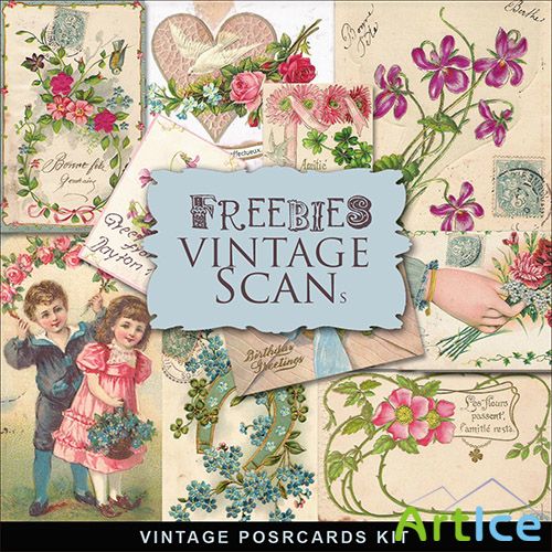 Scrap-kit - Vintage Greetings Cards With Flowers & Kids
