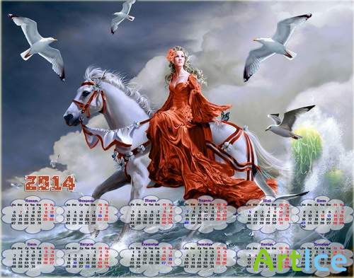Календарь с девушкой в красном платье на белой лошади у моря с чайками