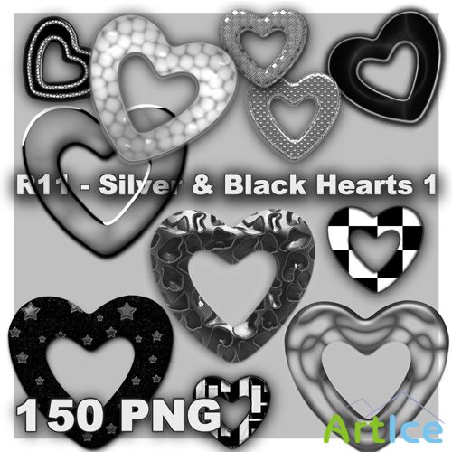 Silver & Black Hearts PNG Files