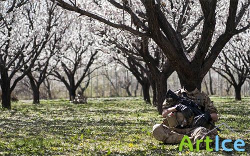 Шаблон мужской - Отдых солдата в весеннем саду