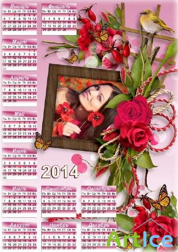Декоративный календарь с рамкой для фото - Алые розы