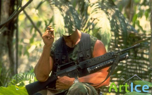 Шаблон мужской - Солдат с оружием и сигарой в лесу