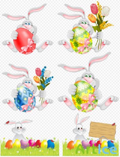 Клипарт - пасхальные кролики с яйцами и цветами на прозрачном фоне