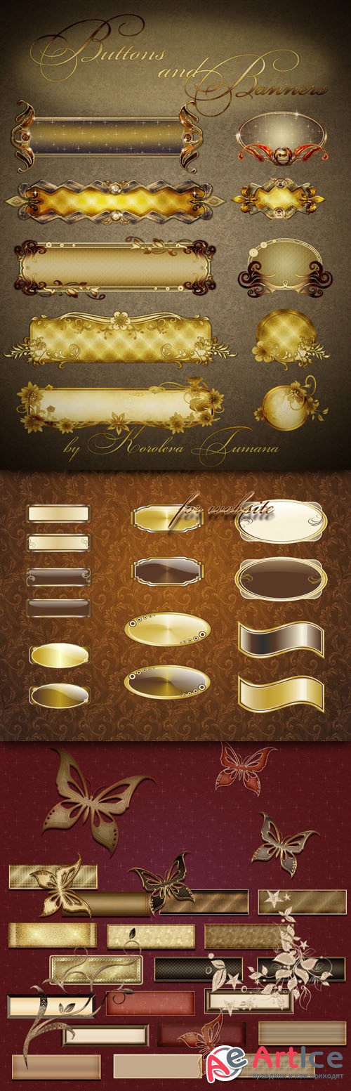 Golden Buttons and Banners for Website Design PNG Clipart