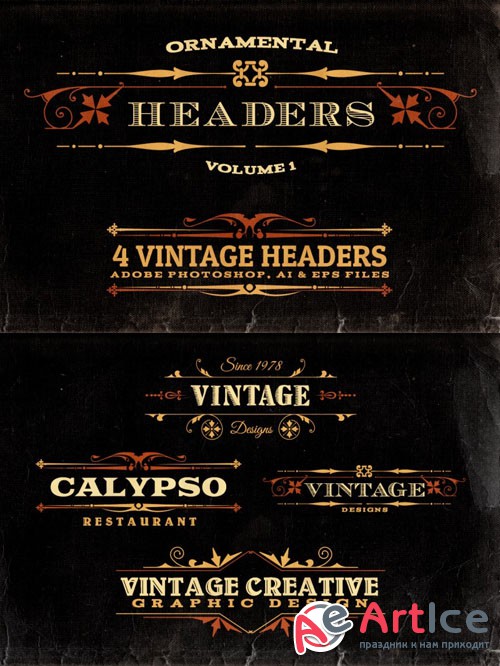 4 Retro Ornamental Headers Vector Element Templates