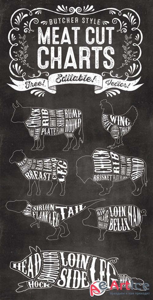 7 Editable Butcher Meat Cut Chart Vector Illustrations