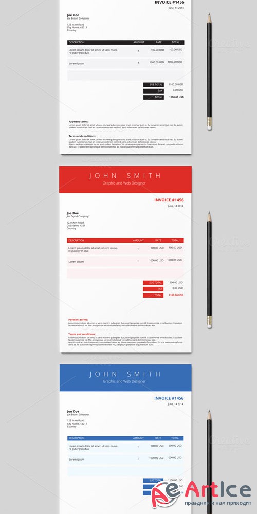 Invoice Template (3 colours) - CreativeMarket 50675