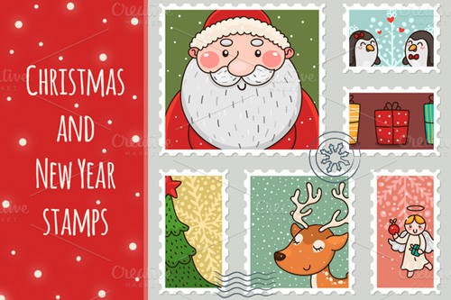 Christmas and New Year Stamps Vector Set