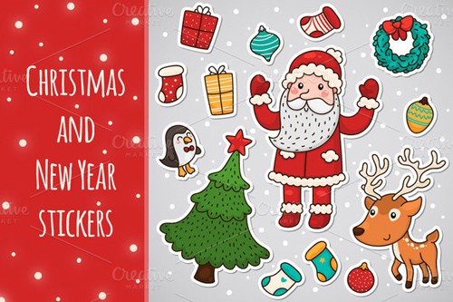 Christmas and New Year Stickers Vector Set