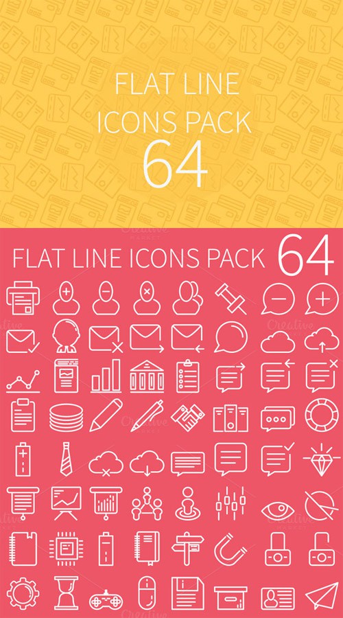 64 Flat Line Icons Set