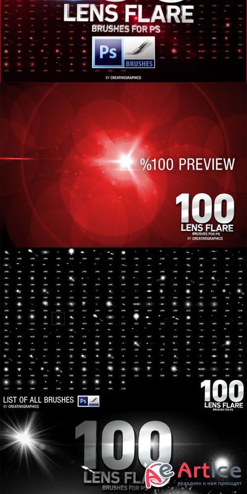 100 Lens Flare Brushes for Photoshop - Creativemarket 207109