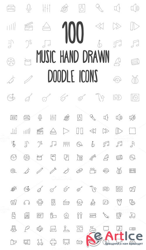 100 Music Hand Drawn Doodle Icons - Creativemarket 162976