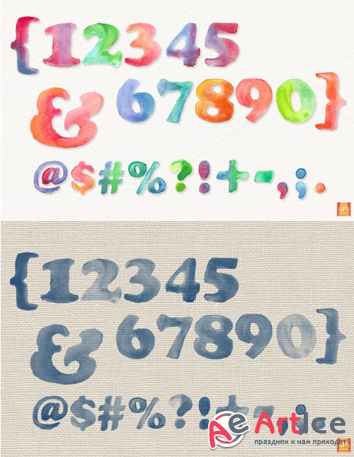 Watercolor Number Cliparts+ABR Brush - Creativemarket 51191