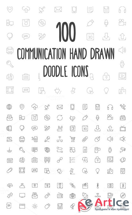 100 Communication Hand Drawn Icons - Creativemarket 160699