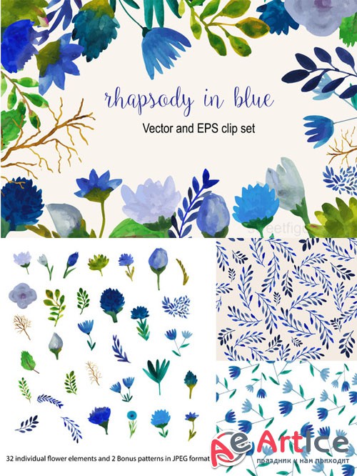 Watercolor blue flower vector set - Creativemarket 222844