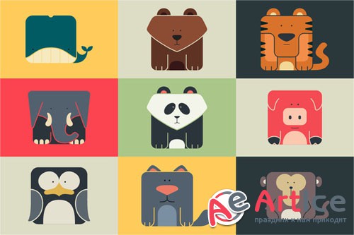 Set flat square icons of a animals - Creativemarket 22878