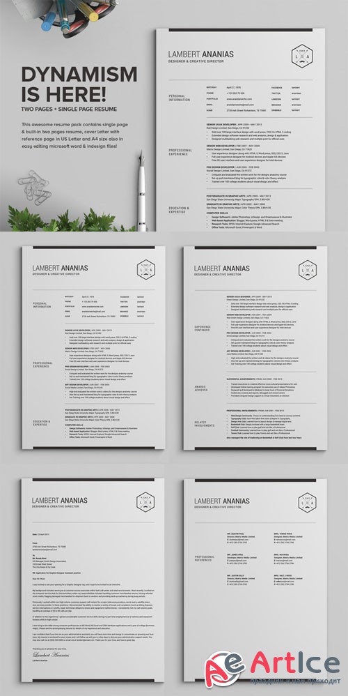 2 Pages Resume CV Pack - Lambert - Creativemarket 225873