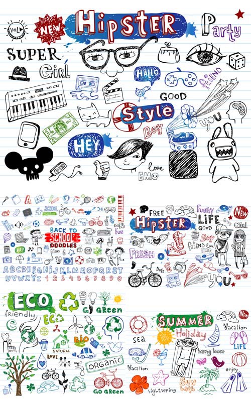 Vector Set - Summer, Hipster, Eco, School Doodles 