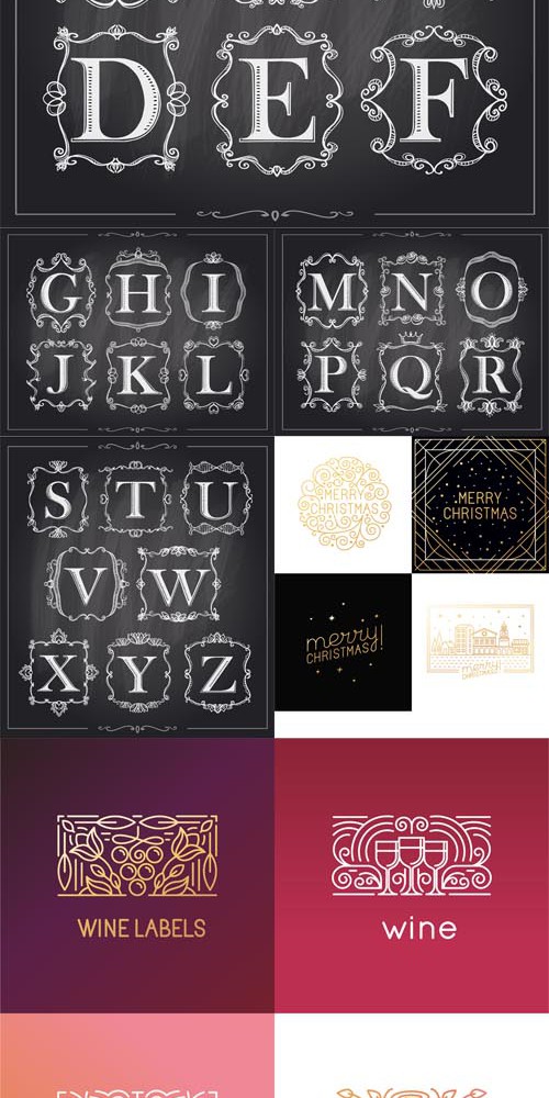 Vector Blackboard chalk vintage calligraphic letters in monogram and christmas, wine logos