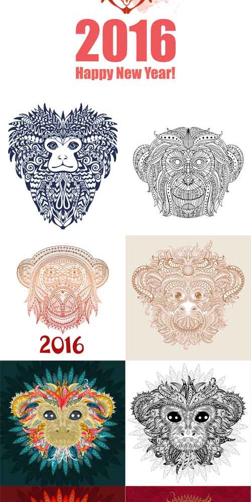 Vector Set - Ornamental monkey a symbol of NewYear 2016