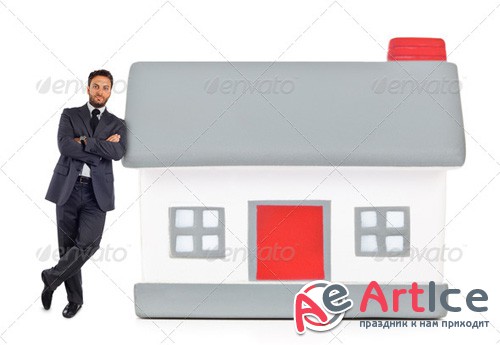Photodune - Businessman leaning against a miniature house 6897409