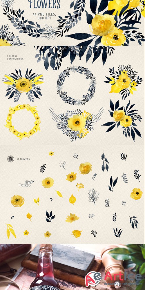Dark Watercolour Flowers - Creativemarket 475301