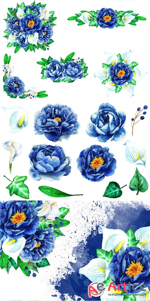 Deep Blue & White Flower Bundle - Creativemarket 553161